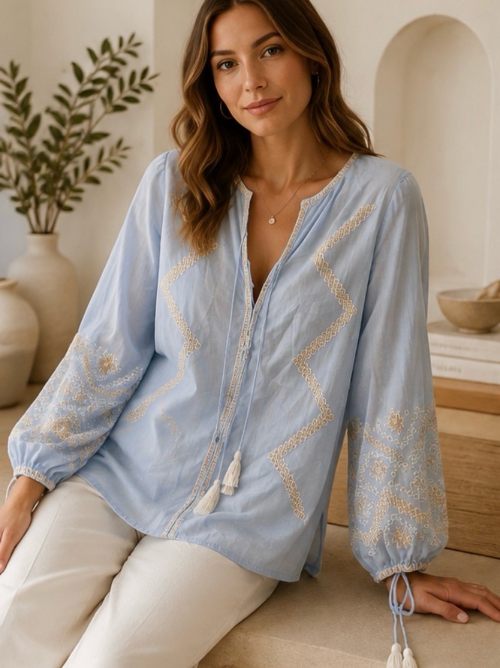 Light Blue Embroidered Peasant Blouse with Tassel Placket